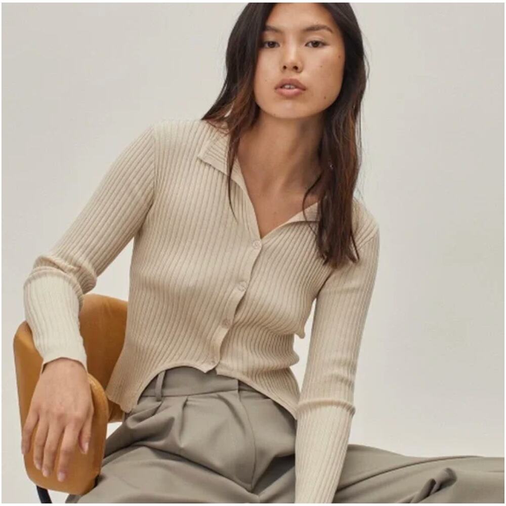 NWT Nasty Gal Knitted Ribbed Cream Cut Out Crop Button Up Long Sleeve Blouse